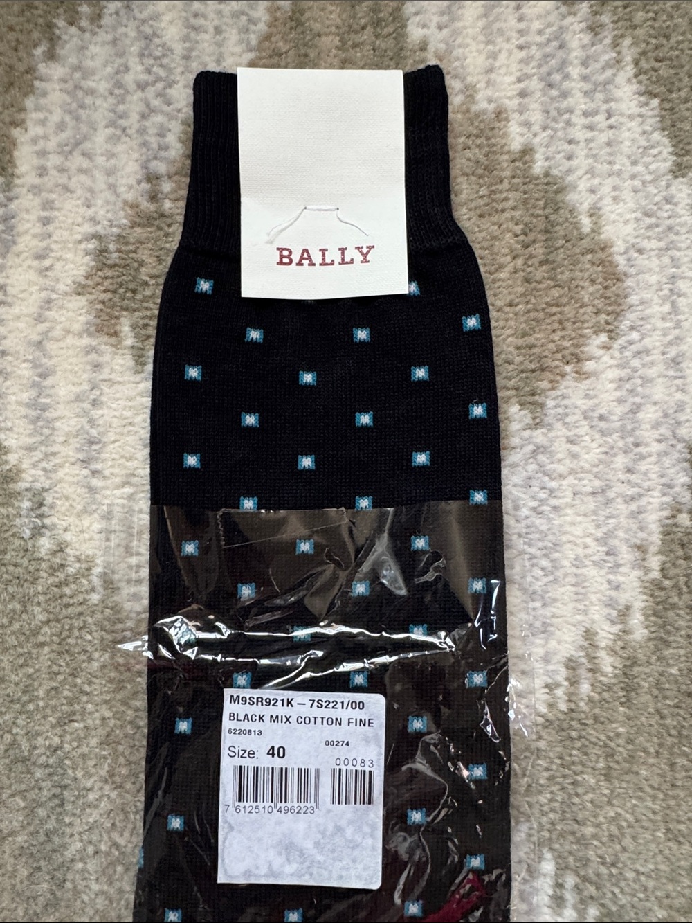 Bally Black Dress Socks with Small Blue Square Motif